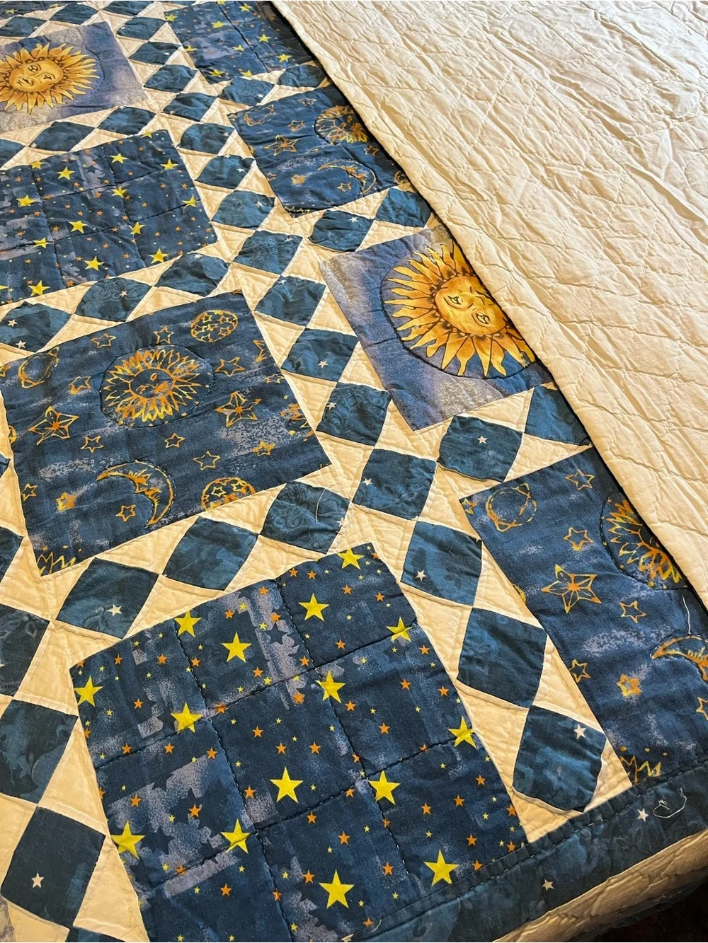 Celestial Sun & Moon Blue Patchwork Quilt Queen Size 86x94 handmade no tag/maker